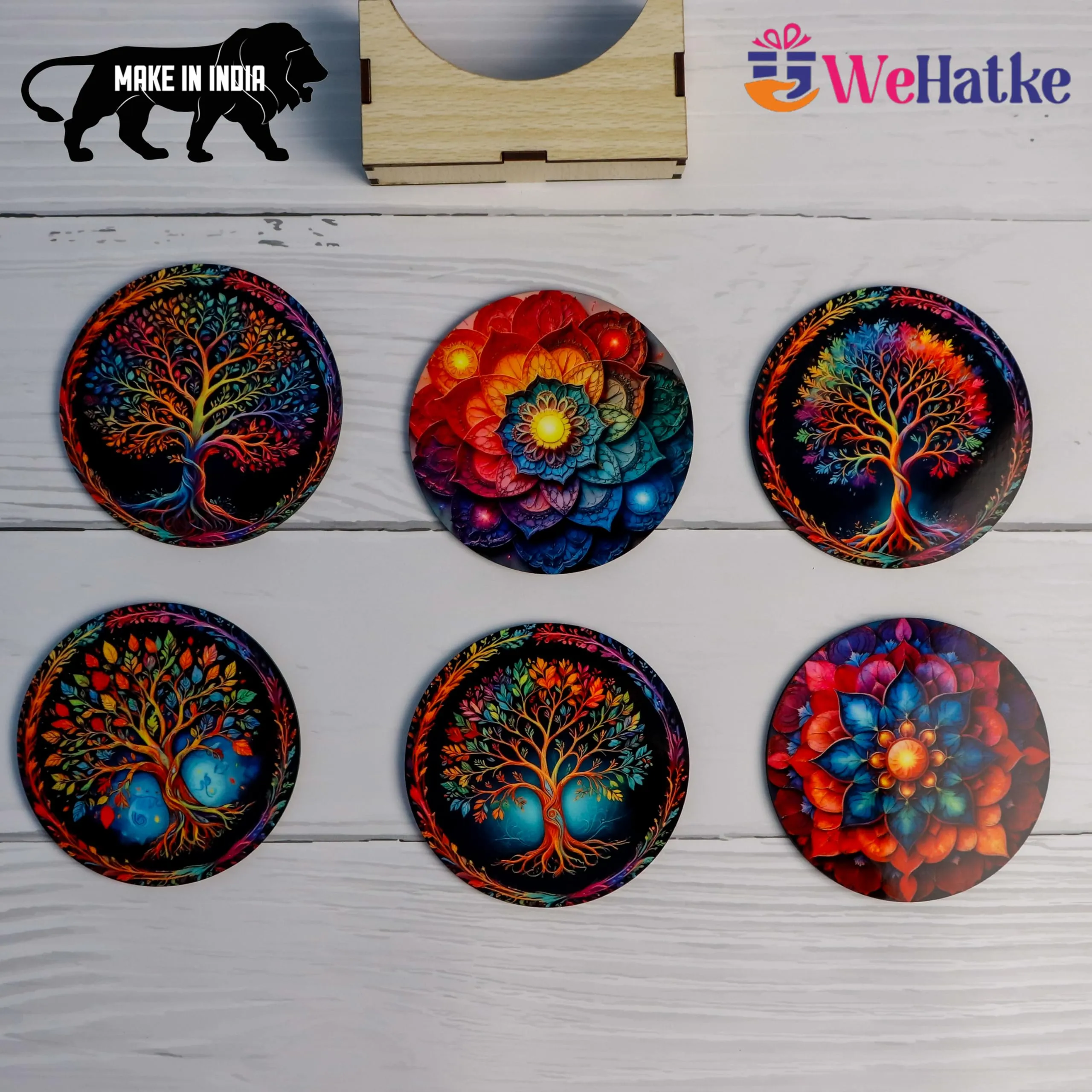 WEHATKE Wooden Coasters Set – Vibrant Mandala & Tree of Life Design Set of 6 with Proper Coaster Stand | Designer Coaster Set fit for Tea Cups, Coffee Mugs and Glasses