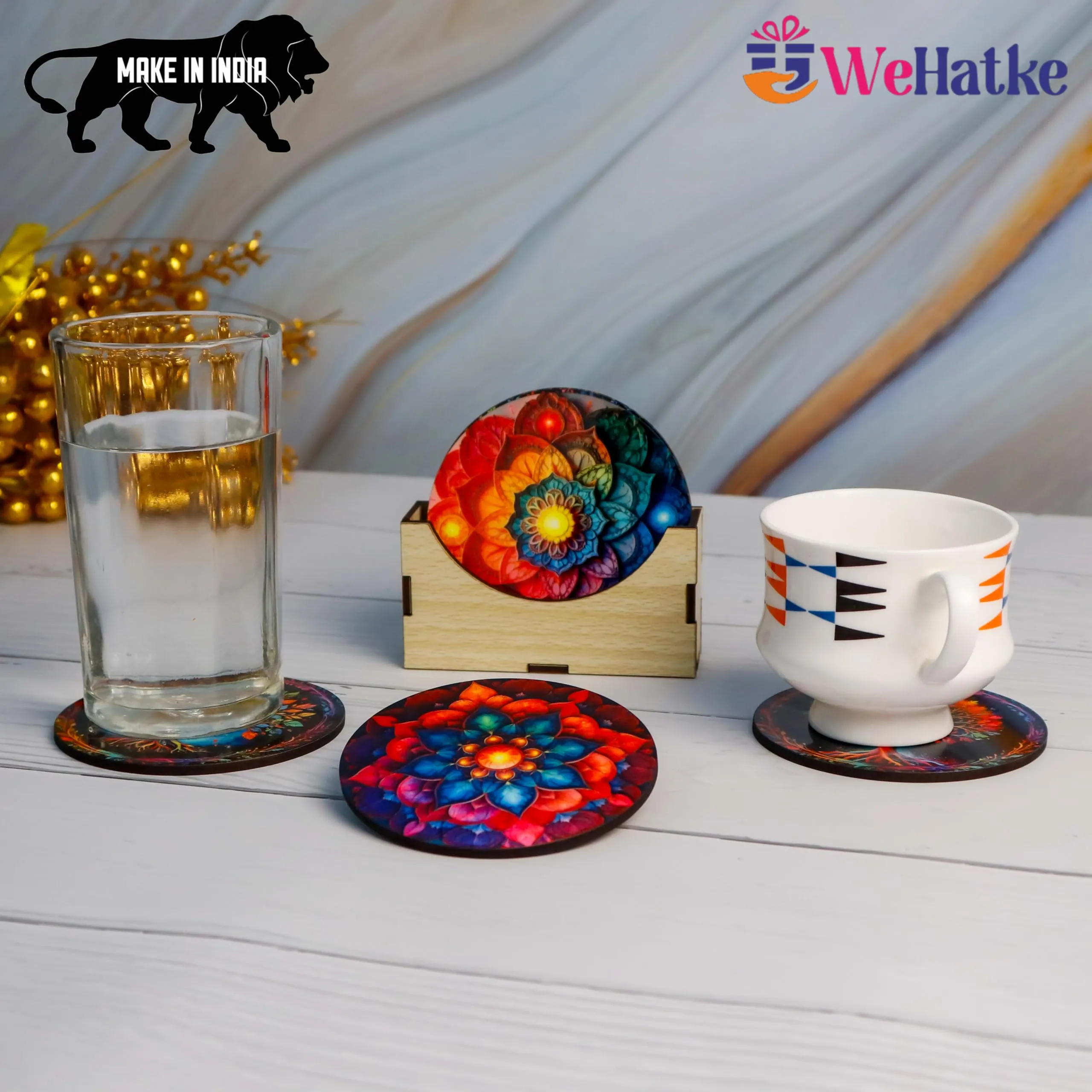 WEHATKE Wooden Coasters Set – Vibrant Mandala & Tree of Life Design Set of 6 with Proper Coaster Stand | Designer Coaster Set fit for Tea Cups, Coffee Mugs and Glasses