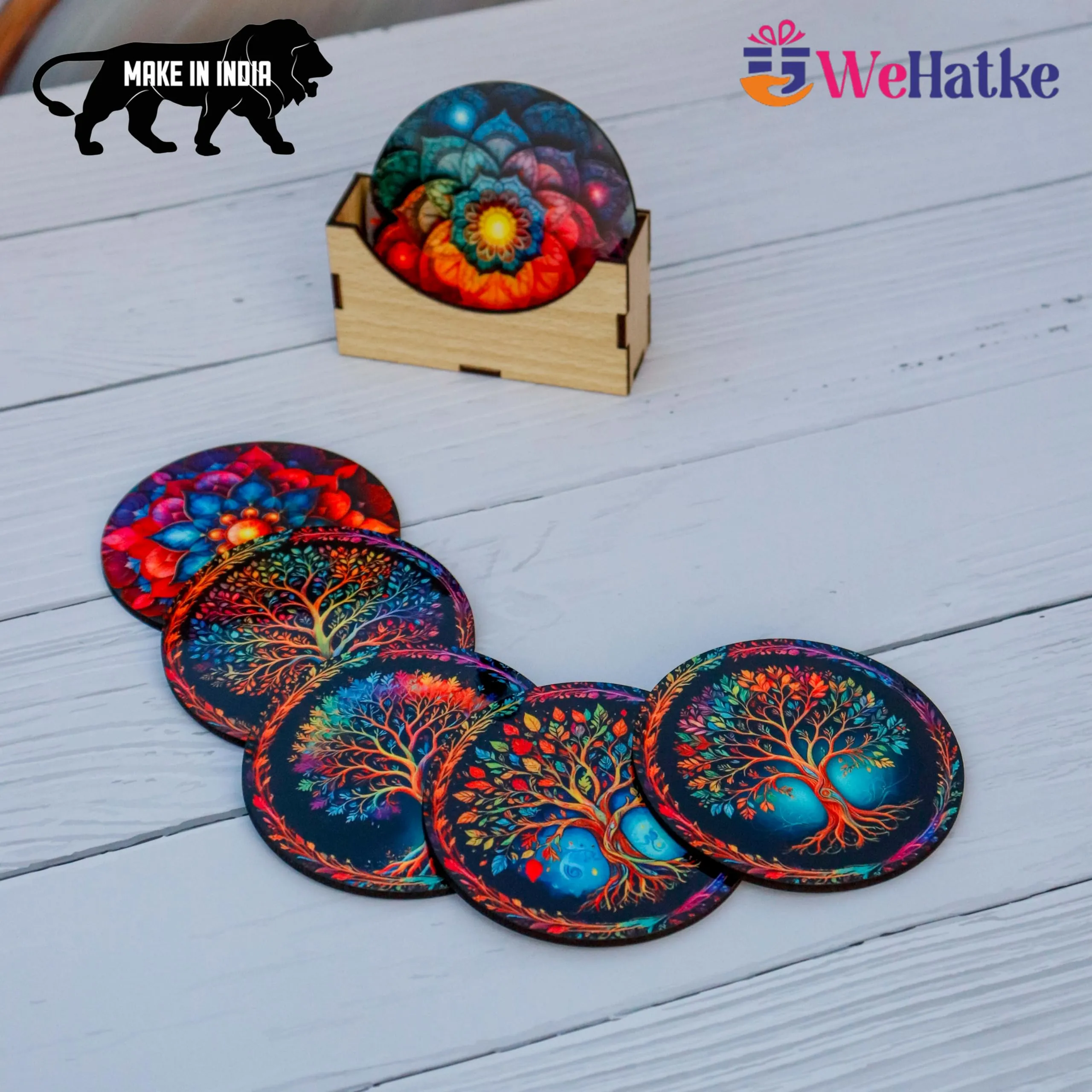 WEHATKE Wooden Coasters Set – Vibrant Mandala & Tree of Life Design Set of 6 with Proper Coaster Stand | Designer Coaster Set fit for Tea Cups, Coffee Mugs and Glasses