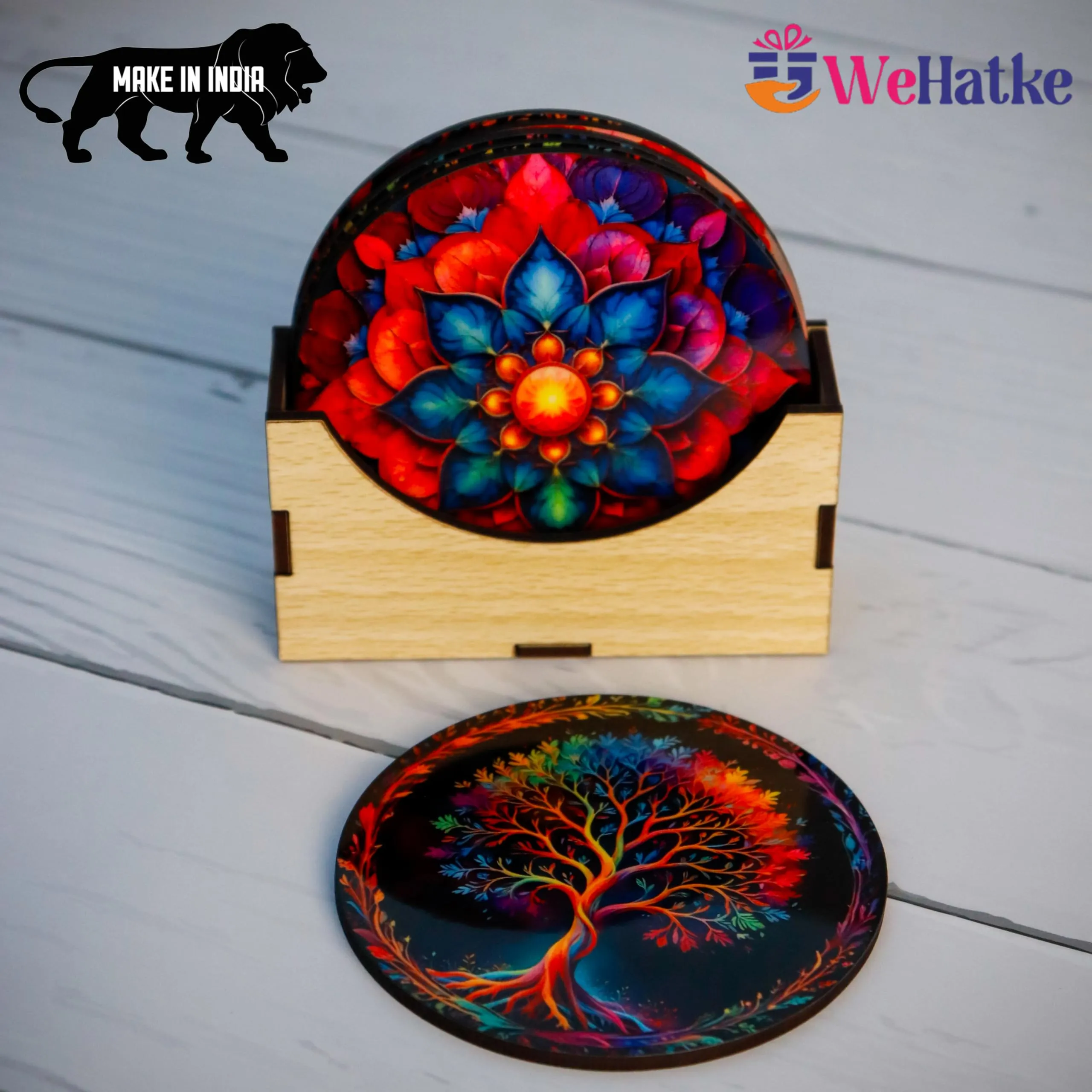 WEHATKE Wooden Coasters Set – Vibrant Mandala & Tree of Life Design Set of 6 with Proper Coaster Stand | Designer Coaster Set fit for Tea Cups, Coffee Mugs and Glasses