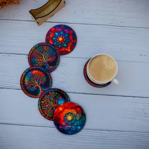 WEHATKE Wooden Coasters Set – Vibrant Mandala & Tree of Life Design Set of 6 with Proper Coaster Stand | Designer Coaster Set fit for Tea Cups, Coffee Mugs and Glasses