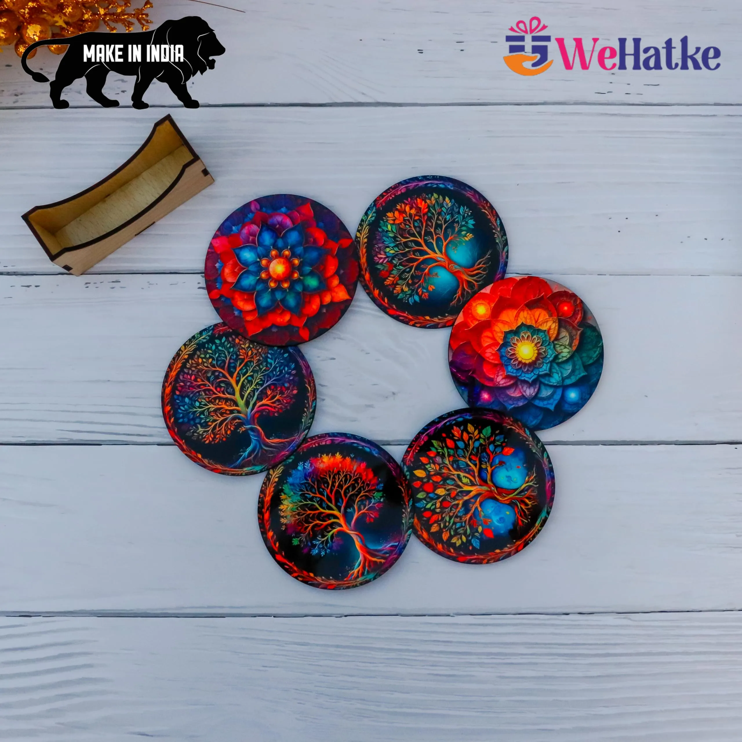 WEHATKE Wooden Coasters Set – Vibrant Mandala & Tree of Life Design Set of 6 with Proper Coaster Stand | Designer Coaster Set fit for Tea Cups, Coffee Mugs and Glasses