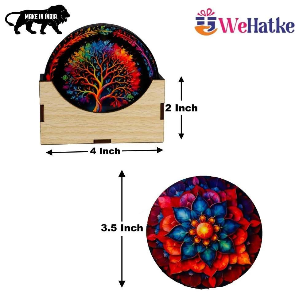WEHATKE Wooden Coasters Set – Vibrant Mandala & Tree of Life Design Set of 6 with Proper Coaster Stand | Designer Coaster Set fit for Tea Cups, Coffee Mugs and Glasses