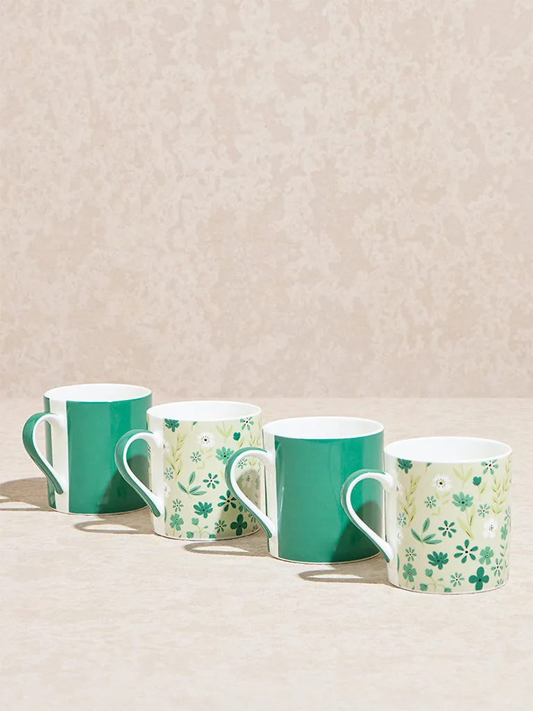 Westside Home Teal Floral Printed Mugs (Set of 4)
