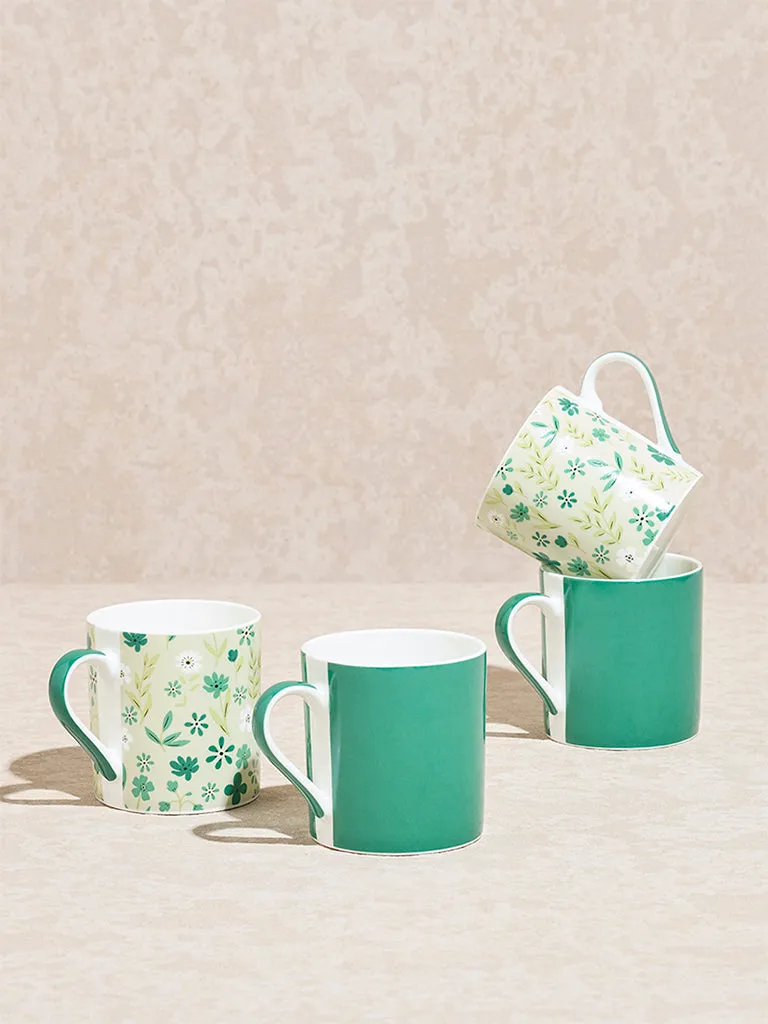 Westside Home Teal Floral Printed Mugs (Set of 4)